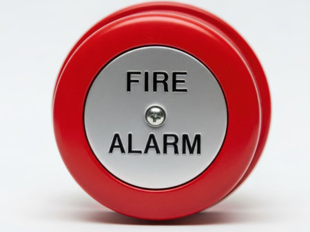 Close-up, detailed studio shot of a circular red fire alarm button with a silver center plate...