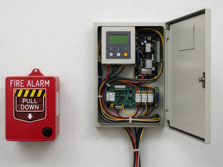 A red fire alarm pull station and an open electrical control panel with circuitry and wiring,...