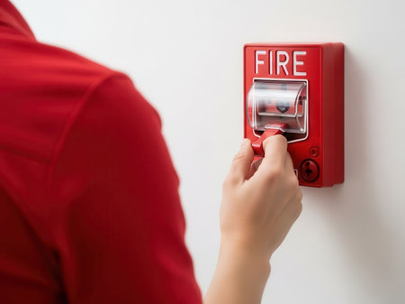 Close-up of a person's hand pulling down the lever of a red fire alarm pull station mounted on a white wall, signaling an emergency.の写真素材