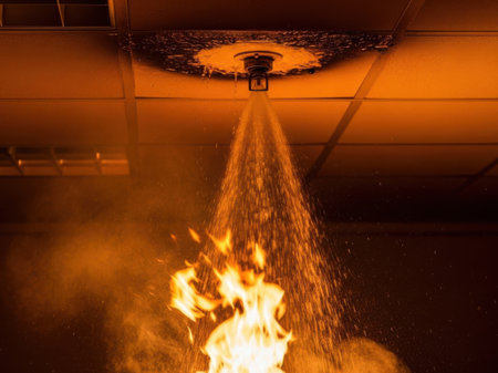 A fire sprinkler head is actively spraying water to extinguish a fire, with flames and smoke visible below, highlighting emergency response and safety systems.の写真素材