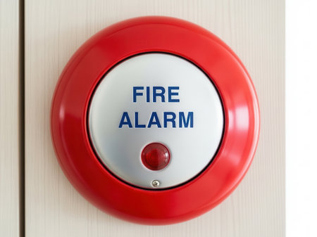 A bright red fire alarm button is mounted on a light-colored wooden wall. The alarm features a silver faceplate with the words "FIRE ALARM" in blue text and a small red indicator light.の写真素材
