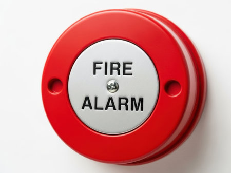 A close-up view of a bright red fire alarm device mounted on a white surface, ready to signal an emergency situation. Safety equipment.の写真素材