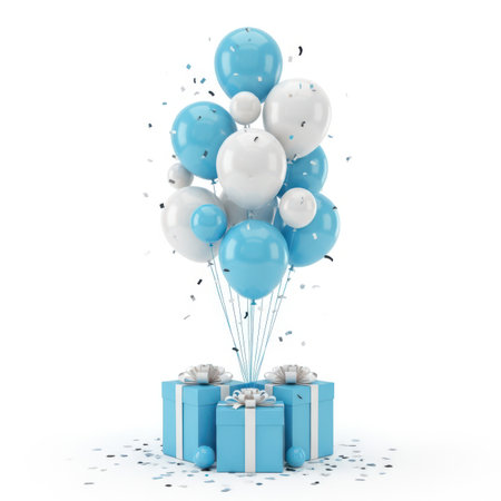 A festive 3D render on a pure white background features a cluster of light blue and white balloons floating above three neatly wrapped gift boxes. The balloons vary in size and shine, creating a dynamic bouquet effect. Below them, three square gift boxes are arranged, wrapped in blue paper and tied with elegant white ribbon bows. Small pieces of confetti are scattered around the base and fall from above, enhancing the celebratory atmosphere. The clean, minimalist composition highlights the theme of celebration and gift-giving for various occasions like birthdays, anniversaries, or baby showers.の写真素材