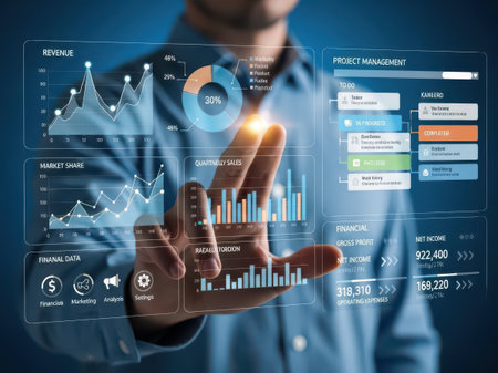 The image shows a person interacting with a holographic interface displaying various business...