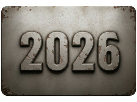 A rustic, weathered metal plate prominently displays the year 2026 in bold, three-dimensional...