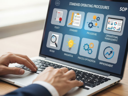 A professional is typing on a laptop that displays a visual representation of standard operating...