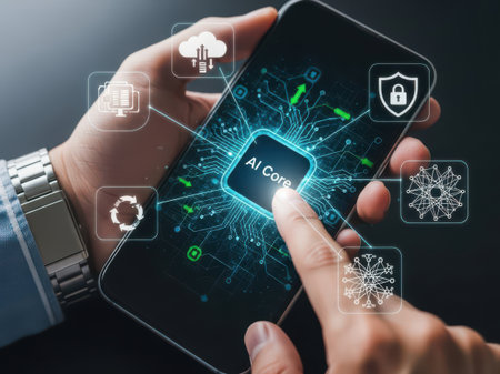 The image depicts a person using a smartphone to interact with an interface that showcases various...