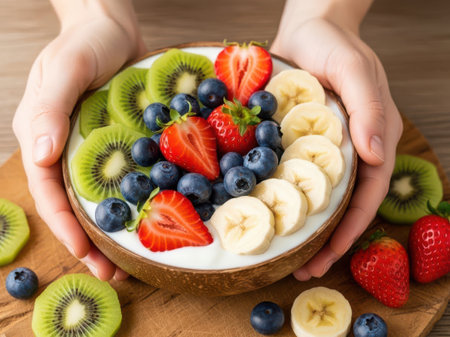 A pair of hands holding a wooden bowl filled with an assortment of fresh fruits including kiwi, blueberries, strawberries, and bananas.の写真素材