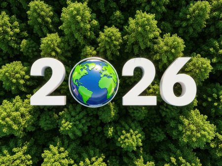 A vibrant image featuring the year 2026 prominently displayed over a dense, green forest canopy,...