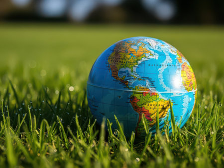 A detailed globe sits on vibrant green grass, showcasing the continents and oceans under natural...