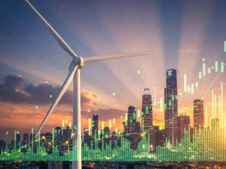 The image features a futuristic cityscape at sunset with a wind turbine prominently displayed in the foreground. The city is composed of tall skyscrapers with illuminated windows, and the buildings are overlaid with digital data visualizations, suggesting a blend of technology and nature.の写真素材