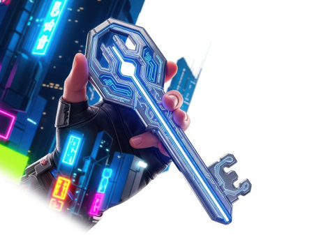 A hand holding a large, intricate futuristic key in front of a vibrant, neon-lit cityscape.の写真素材