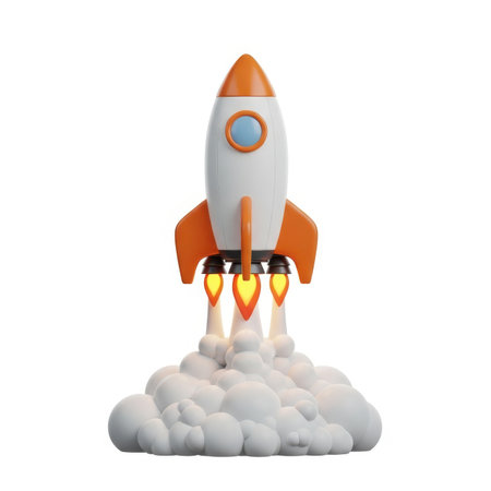 The image features a whimsical, cartoon-style rocket ship in the process of launching. The rocket is predominantly orange and white with a blue circular window near the top. It has three glowing orange flames at the base, indicating liftoff. The rocket is depicted emerging from a cloud of white smoke. This high-resolution JPG is on a white background. This image is suitable for graphic design, advertising, web design, packaging, UI, mockups, presentations, social media, and print materials.の写真素材