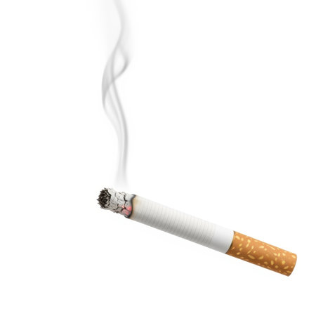 The image features a burning cigarette with smoke rising from its lit end. The cigarette has a white filter and a brown, partially burned tip. The background is a solid white color. This high-resolution JPG image is ideal for graphic design, advertising, web design, packaging, UI, mockups, presentations, social media, and print materials.の写真素材