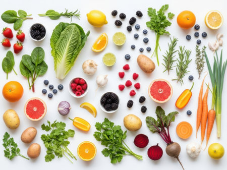 A colorful array of fresh fruits and vegetables, including berries, citrus, leafy greens, and root vegetables, arranged neatly on a white background.の素材