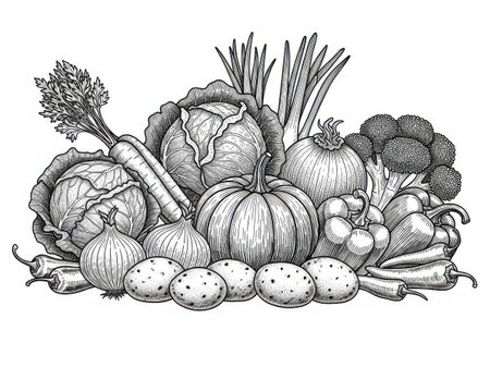 A detailed black and white illustration showcasing a variety of fresh vegetables including cabbage, carrots, pumpkins, onions, broccoli, and more, arranged artistically.の素材