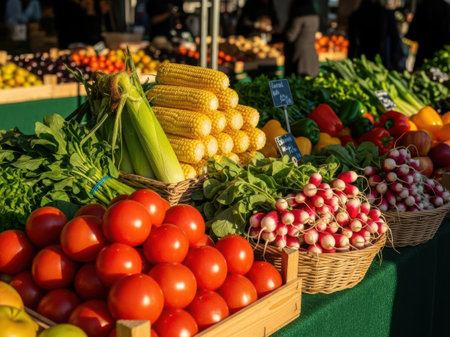A vibrant display of fresh vegetables at a local farmers market, including tomatoes, radishes, corn, and leafy greens.の素材