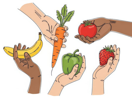 Illustration of multiple hands holding various fresh fruits and vegetables, emphasizing healthy eating and nutrition.の素材