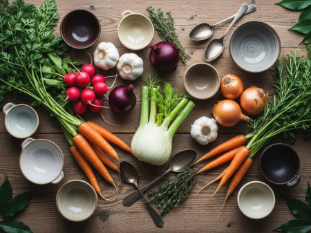 A variety of fresh vegetables including carrots, radishes, onions, and garlic are displayed alongside various cooking utensils on a rustic wooden table.の素材