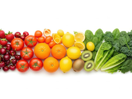 A vibrant display of various fruits and vegetables arranged in a gradient from red to green.の素材