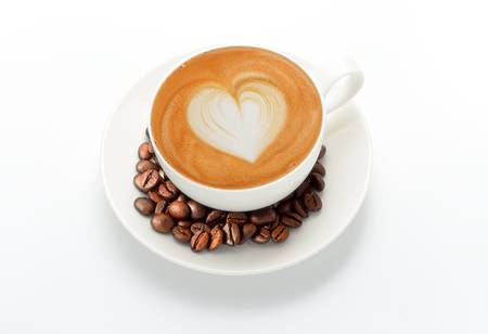 latte art and coffee beans, isolate on whiteの写真素材