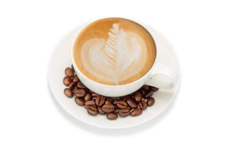Latte art and coffee beans, isolate on whiteの写真素材