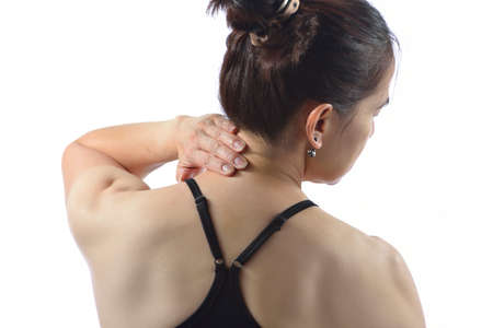 Woman with neck pain  Isolated on white background