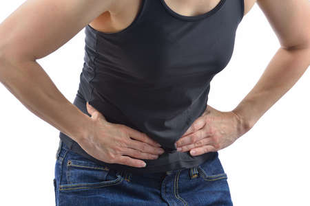 Woman in pain on white background