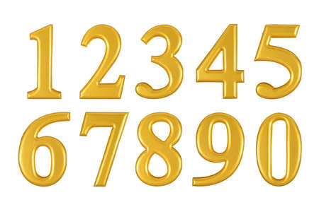 Gold wooden numbers on white background, Photograph