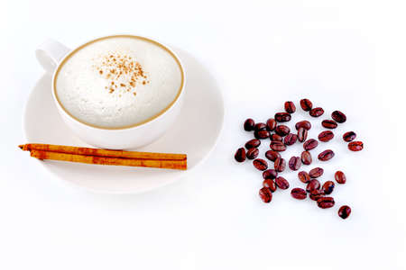Cup of coffee and coffee beans isolated on white backgroundの写真素材