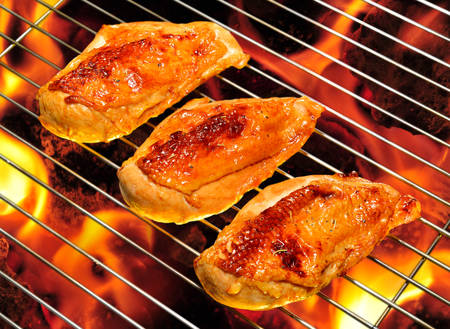 Grilled chicken breast on the flaming grillの写真素材