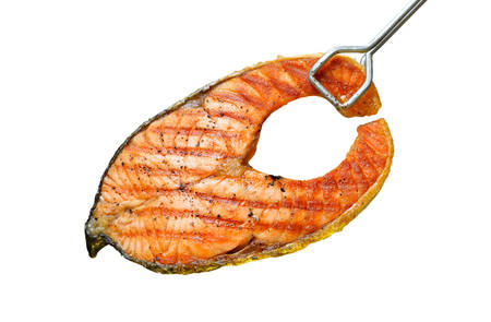 Grilled salmon isolated on white backgroundの写真素材
