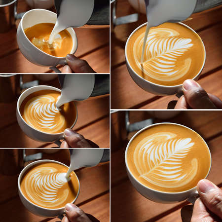 Steps of making latte artLeaf shapeの写真素材