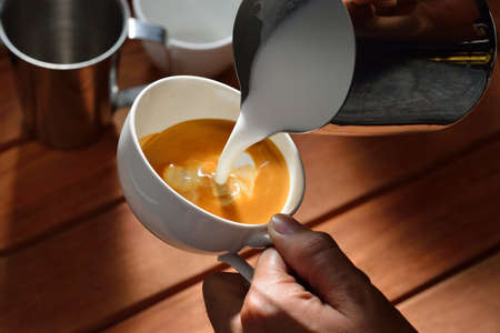 Making of cafe latte artLeaf shapeの写真素材