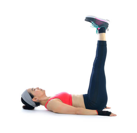 Middle aged woman exercising isolated on white background