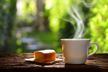Morning cup of coffee with cake in the gardenの写真素材
