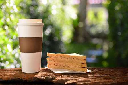 Paper cup of coffee and sandwich in the gardenの写真素材