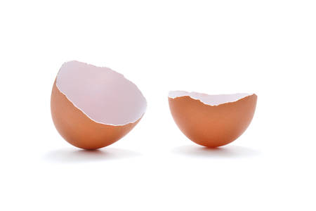 Close up of egg shell isolated on white backgroundの写真素材