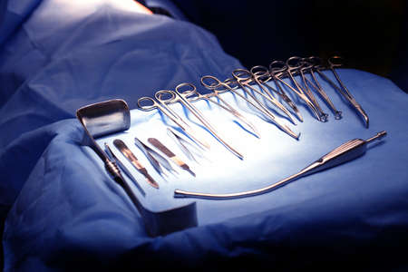 Tray of surgical instruments in an operating roomの写真素材