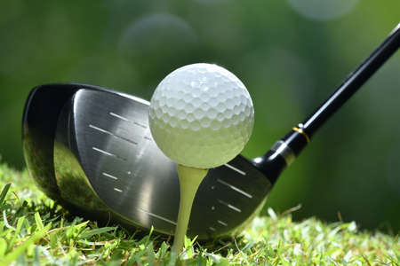 Golf ball on green grass ready to be struck on golf course backgroundの写真素材