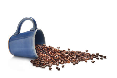 Coffee beans in coffee cup isolated on whiteの写真素材