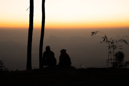 Image of sunrise on orange and yellow horizon with a silhouette of a couple in natural surrounding ( Phu kradueng Thailand )の写真素材