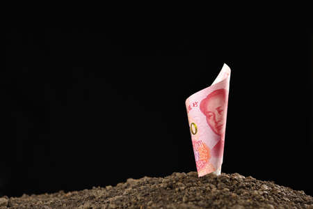 Image of China Yuan banknote on top of soil for business, saving, growth, economic concept on blackの写真素材