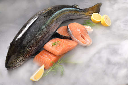 Fresh salmon fish uncooked on dry ice smoke  with sliced piecesの写真素材