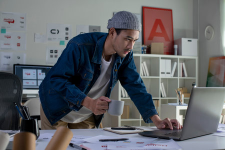 Asian man Graphic designer working in office. Artist Creative Designer Illustrator Graphic Skill Concept.の写真素材
