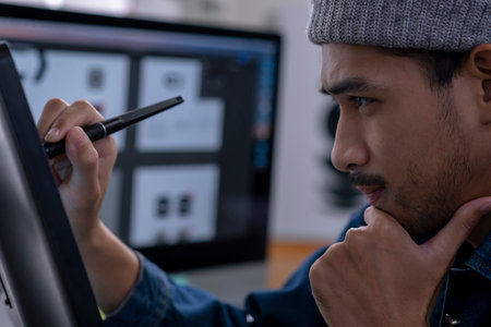 Asian male graphic designer working on computer drawing sketches logo design. The concept of a new brand. Professional creative occupation with idea.の写真素材
