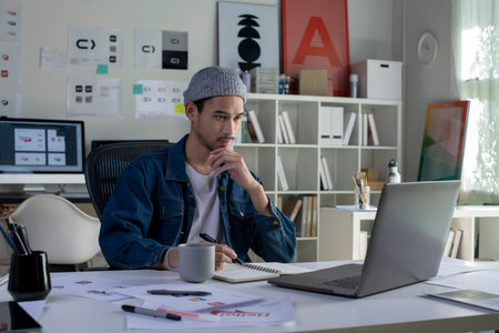 Asian man Graphic designer working in office. Artist Creative Designer Illustrator Graphic Skill Concept.の写真素材
