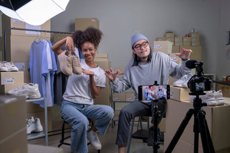 Mixed race couple of Asian man and African-American woman blogger or vlogger looking at camera reviewing product.の写真素材
