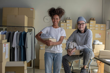 Confident mixed race young couple of Asian man and african-american woman retail seller, entrepreneur, online store drop shipping small business owner looking at camera in delivery shipping warehouseの写真素材