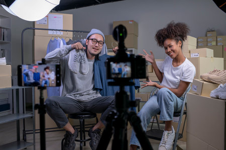 Mixed race couple of Asian man and African-American woman blogger or vlogger looking at camera reviewing product.の写真素材